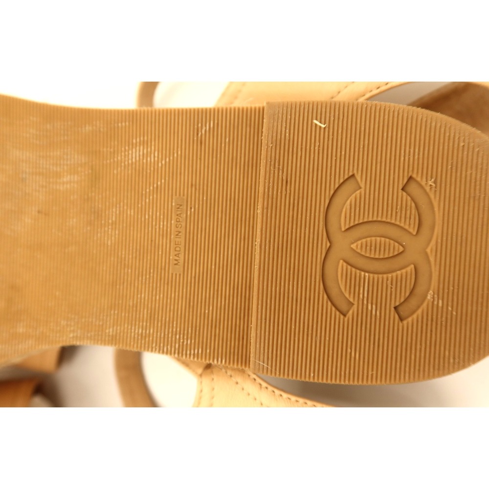 Chanel Classic Beige Black Leather Espadrille Ankle Strap Sandals Size 8 - Picture 7 of 8
